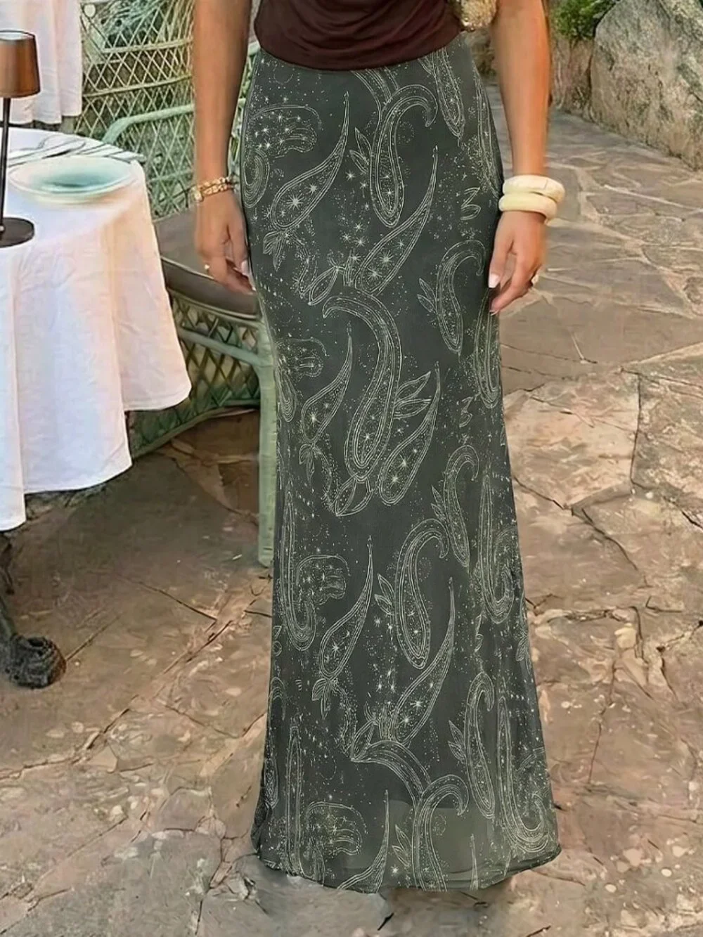 Olive Green Boho Women's Elegant Ruched Low Waist Mermaid Skirt